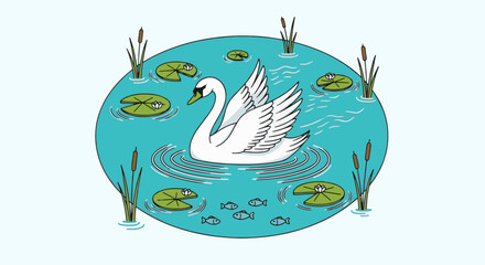 Graceful white swan swimming in a serene pond with water lilies and fish