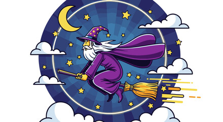 Whimsical Wizard Flying on Broomstick Through a Starry Night Sky Illustration