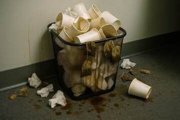 Overflowing Office Trash Bin with Coffee Cups and Tissues. AI Generative.