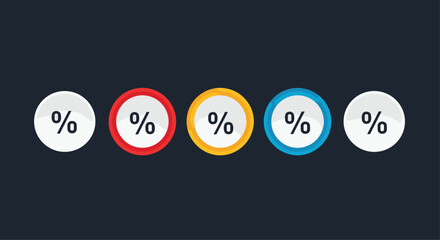Set of five circular icons displaying different percentage values for data and infographics.