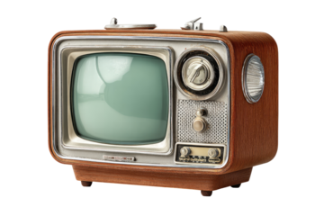 Vintage portable TV.  Wooden cabinet, rectangular screen,  light beige/tan finish.  Small knobs and controls.  Retro styling