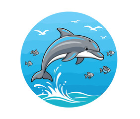Happy cartoon dolphin jumping from blue ocean waves with fish and seagulls