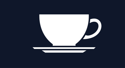 Simple white icon of a coffee or tea cup on a saucer set against a solid dark blue background.