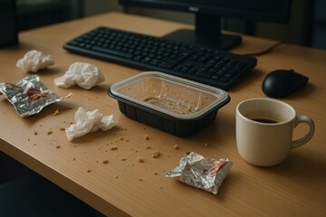 Dirty Workplace After Lunch Break with Crumbs and Trash. AI Generative.
