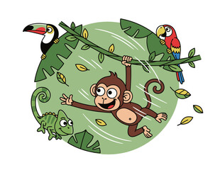 Playful cartoon monkey swinging with toucan, parrot, and chameleon in a jungle