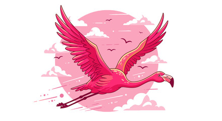 Vibrant Pink Flamingo Flying in a Dreamy Sky with Clouds and Other Birds, Vector Illustration