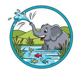 Happy Elephant Spraying Water in a Lake with Fish and Reeds - Cartoon Illustration