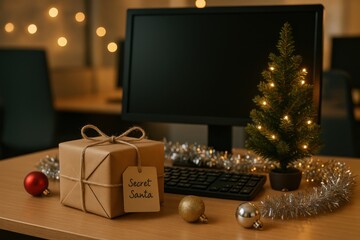 Secret Santa Gift on Office Desk with Christmas Decor. AI Generative.