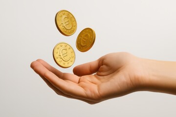 Hand Catching Falling Gold Coins on White Background. AI Generative.v