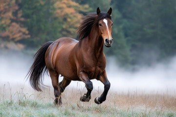 Brown horse running freely in a misty meadow at dawn in a serene forest setting