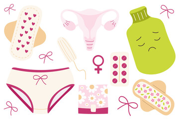 
Period hygiene set, menstrual products illustration, pads tampon uterus clipart, women’s health icons. Period hygiene items: sanitary pads, tampon, uterus, panties, heating pad, pills.