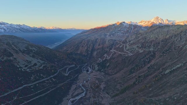 High mountain Furka Pass seen from above, connecting Gletsch and Realp.