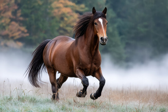 Brown horse running freely in a misty meadow at dawn in a serene forest setting