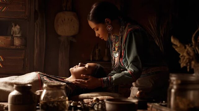Native American healer providing holistic treatment in a traditional setting