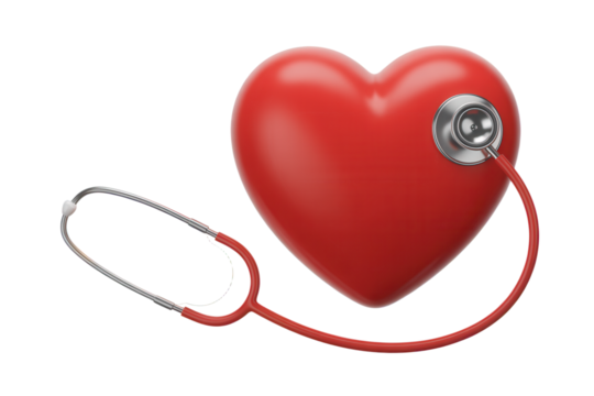 Showcasing compassionate heart health with a red heart and stethoscope, perfect for healthcare campaigns, medical illustrations, and promoting cardiac wellness awareness initiatives