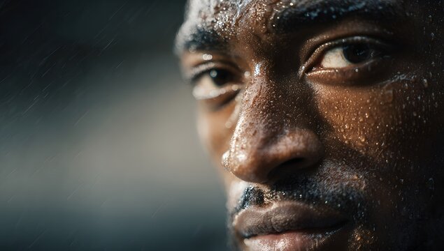 Close up on the intense face of an African American male athlete covered in sweat and water droplets from heavy rain during an intense workout