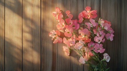 A hanging bunch of pastel-colored sweet pea blossoms displayed against a rustic wooden backdrop
