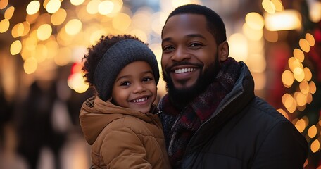 Father and son shopping for Black Friday deals joyful expressions family bonding moment soft golden hour lighting heartwarming commercial image