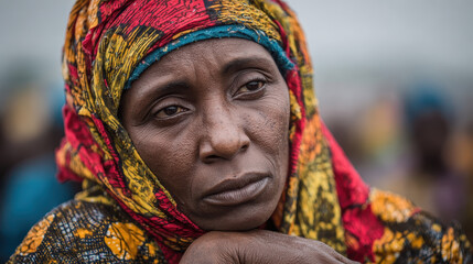 African woman with colorful headscarf resting her chin on hand looking thoughtful with pensive expression outdoors with blurred background in natural light
