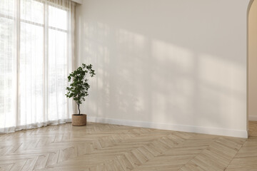 Empty white room with wooden floor. Serene home interior background with copy space. 3d Rendering