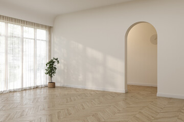 Modern minimalist and Scandinavian living room interior. White empty room interior. 3d rendering
