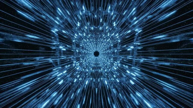 Celestial Tunnel Vision: A mesmerizing display of interconnected light trails forms an entrancing tunnel, symbolizing connectivity, data flow, and boundless energy in a dark space. 