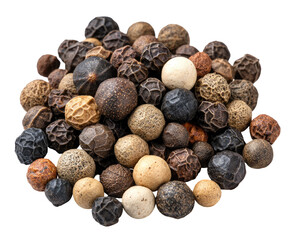 Assorted peppercorns in a cluster.  Various shades of brown, beige, and cream-colored peppercorns densely packed together.  Close-up view
