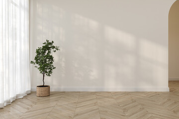 Empty white room with wooden floor. Serene home interior background with copy space. 3d Rendering