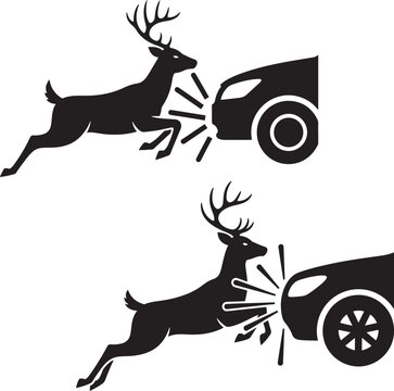 Deer jumping in front of car collision warning symbol silhouette