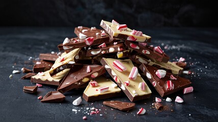 Meticulously arranged pile of dark and white peppermint bark chocolate shards