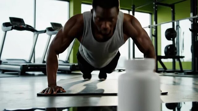 A blank supplement bottle and powder sit in the foreground while a strong male athlete performs push-ups in a bright, sunlit gym. Focuses on sports nutrition and bodyweight training.