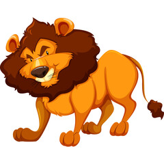 A cartoon lion with a large brown mane and an orange body stands with its tail curled and its head turned to the left with a sly expression on a transparent background