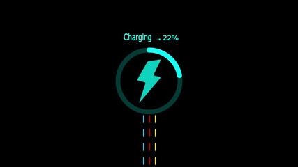 Fast battery charging animation with electric animation and count from 1 - 40 percent.charging animation with power icon isolated on a black background.