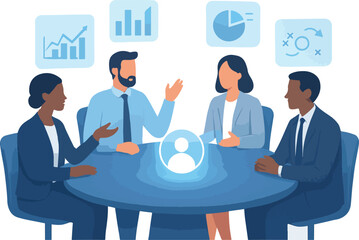Collaborative Leadership Roundtable — Diverse Team Strategy Meeting Vector Scene