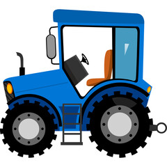 A bright blue tractor with a black cab and orange seat sits against a transparent background showcasing its large black wheels and silver hubs with agricultural design elements for farming and