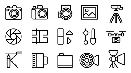 Collection of camera equipment icons in outline style for photography enthusiasts