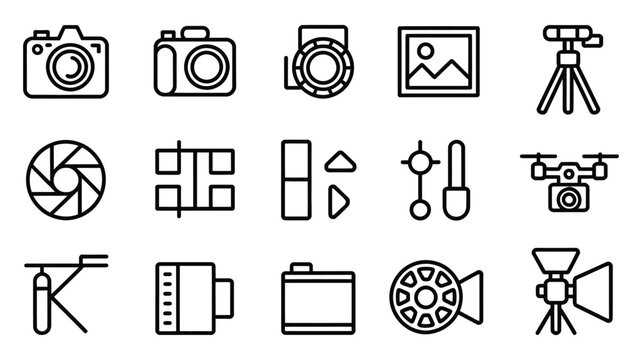 Collection of camera equipment icons in outline style for photography enthusiasts