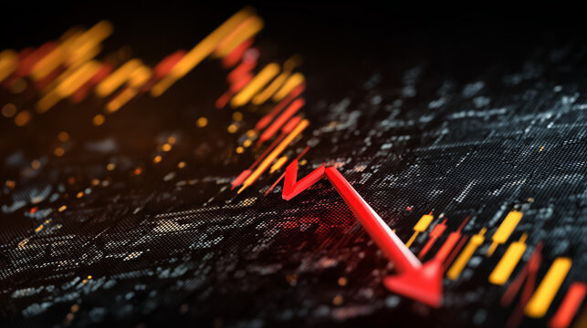 Sharp red downward financial chart representing market losses, economic decline and negative investment performance with a dramatic dark background