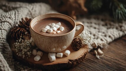 Cozy hot chocolate with marshmallows on rustic wooden table