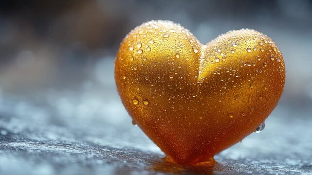 A close-up of a heart-shaped object with water droplets covering its surface