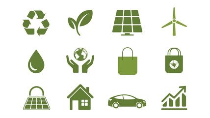 Green energy and sustainability icons depicting environment protection and renewable resources