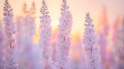 A high-focus shot of pale pink delphinium stalks reaching elegantly toward the sky