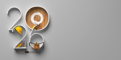 Creative 2026 New Year design template on engineering, construction and maintenance theme. 3d render illustration for a greeting card, calendar or banner.