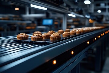 Baking Delights on an Automated Conveyor Belt in a Confectionery Factory Setting