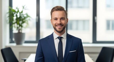 Confident businessman in a suit standing in an office, smiling with success