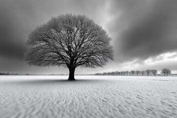 Lone Snow Covered Tree in a Winter Field Black and White