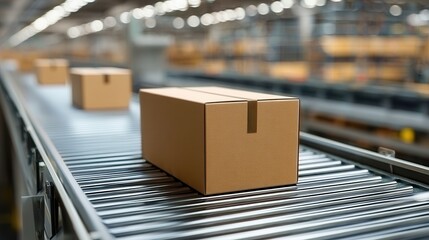 Cardboard Box Travels Smoothly on Conveyor Belt in Automated Warehouse Environment