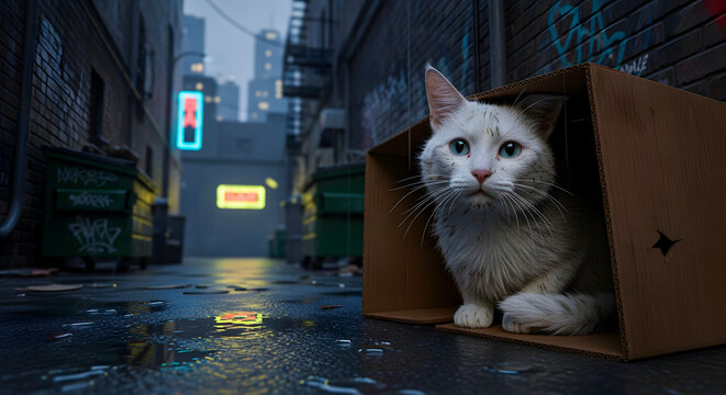 A lone, white cat with striking blue eyes peers out from a cardboard box in a wet, urban alleyway at night