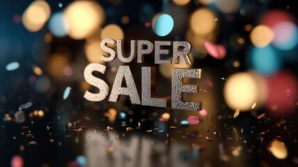 Exciting Super Sale Announcement Surrounded by Festive Bokeh Lights and Confetti