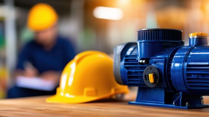 Industrial setting featuring a blue pump and yellow hard hat on a wooden table with a worker in background